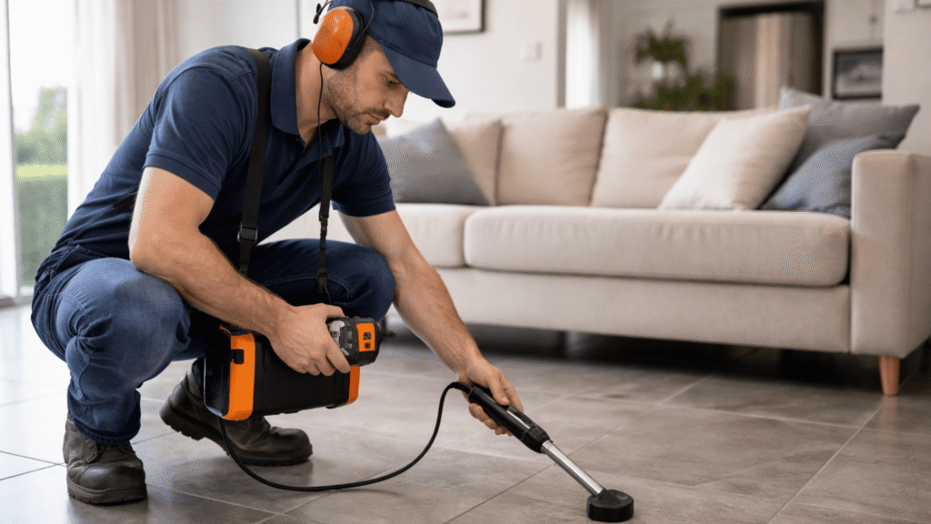 Professional plumber using electronic acoustic leak detection equipment
